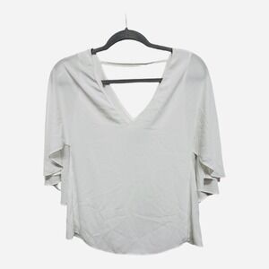 White House Black Market Solid White VNeck Blouse Size XS Fairy Sleeves